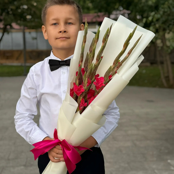 Букет на 1 сентября из 7 малиновых гладиолусов в Рузе