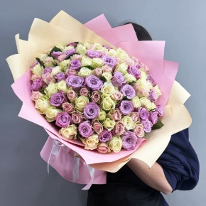 Букет из 101 розы пастельный микс и роз Меритим (40 см) в Рузе