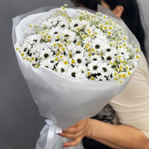 Букет "Понарошку" из хризантем сантини и ромашек в Рузе