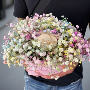 Композиция в коробке сердца из радужных гипсофил с топпером в Рузе